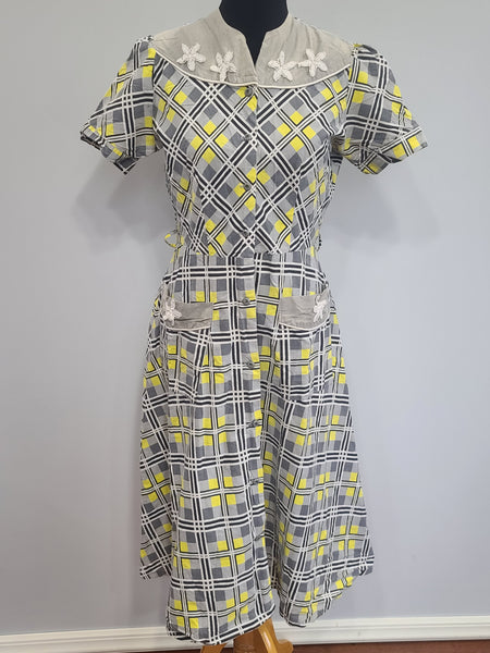 Gray and Yellow Plaid Dress <br> (B-38" W-29" H-34")