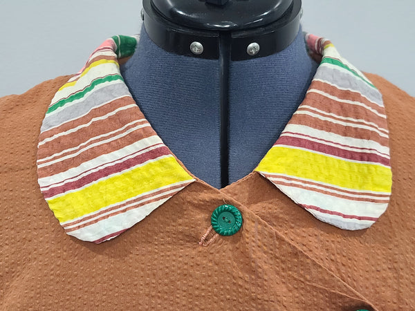 Brown Seersucker Colorful Stripe Wrap Dress <br> (B-42" W-35" H-47")