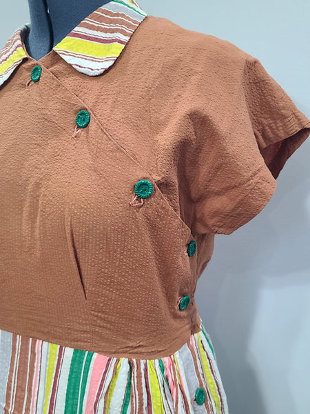 Brown Seersucker Colorful Stripe Wrap Dress <br> (B-42" W-35" H-47")