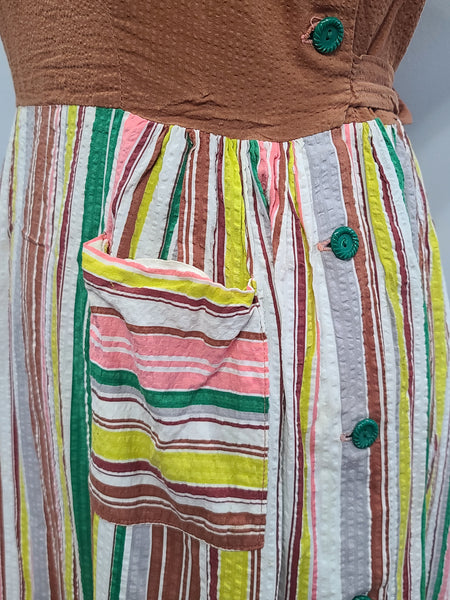 Brown Seersucker Colorful Stripe Wrap Dress <br> (B-42" W-35" H-47")