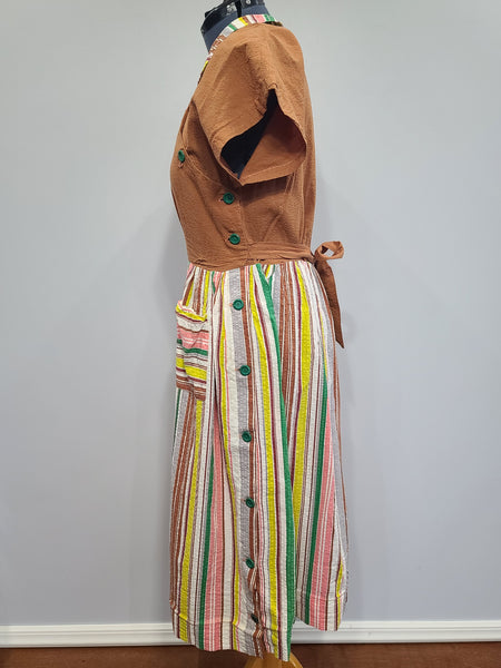 Brown Seersucker Colorful Stripe Wrap Dress <br> (B-42" W-35" H-47")