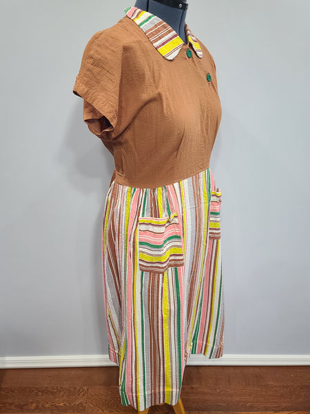 Brown Seersucker Colorful Stripe Wrap Dress <br> (B-42" W-35" H-47")