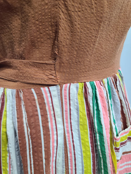 Brown Seersucker Colorful Stripe Wrap Dress <br> (B-42" W-35" H-47")