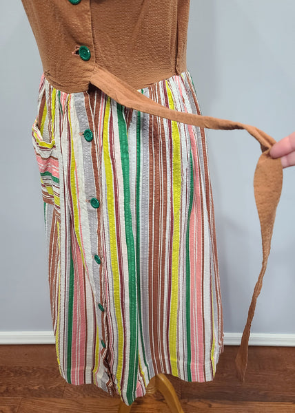 Brown Seersucker Colorful Stripe Wrap Dress <br> (B-42" W-35" H-47")