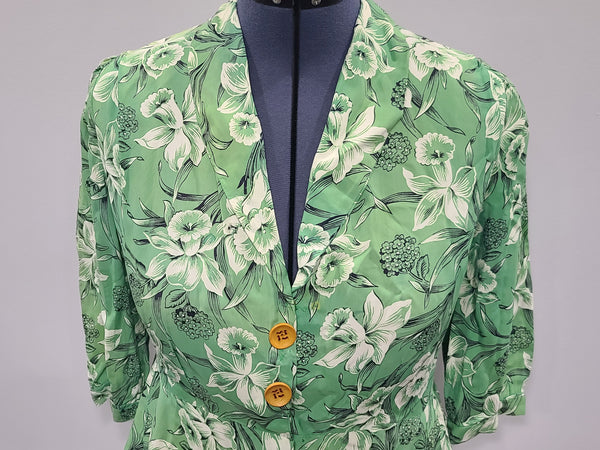 Green Daffodil Print Dress <br> (B-44" W-36" H-52")