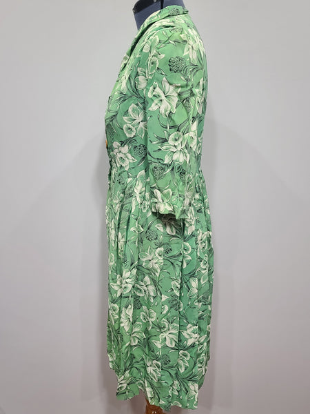 Green Daffodil Print Dress <br> (B-44" W-36" H-52")