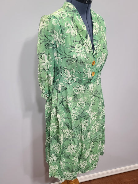 Green Daffodil Print Dress <br> (B-44" W-36" H-52")