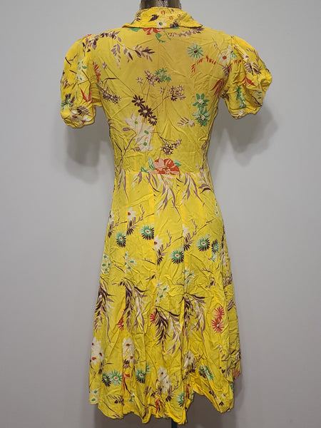 Bright Yellow Flower Print Dress <br> (B-34" W-26.5" H-33")
