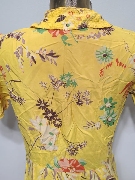Bright Yellow Flower Print Dress <br> (B-34" W-26.5" H-33")