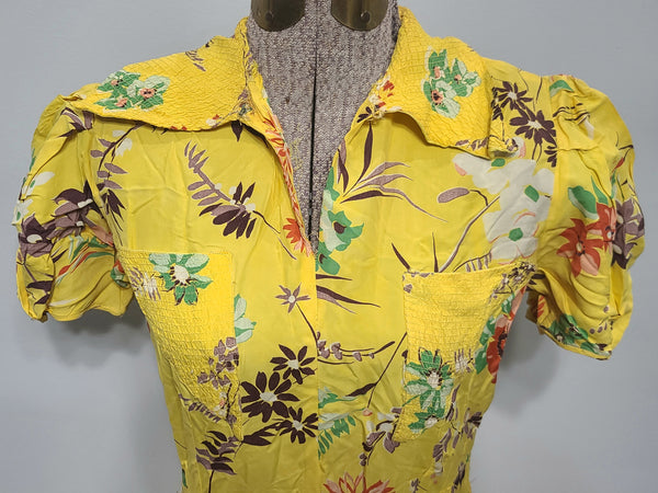Bright Yellow Flower Print Dress <br> (B-34" W-26.5" H-33")