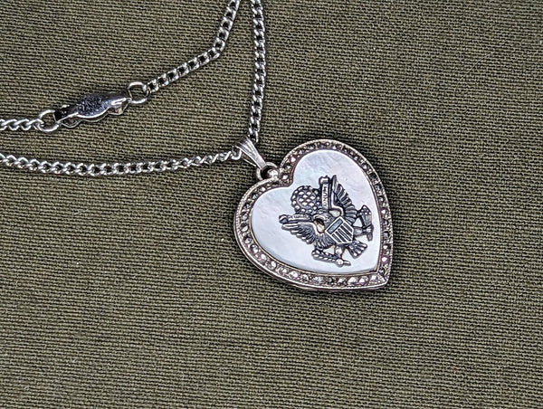 US Army Eagle Marcasite Sweetheart Locket Necklace