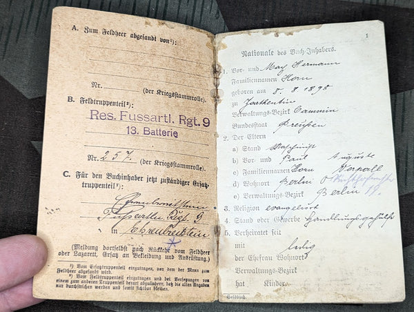 WWI Soldbuch Fussartl. Rgt. 9