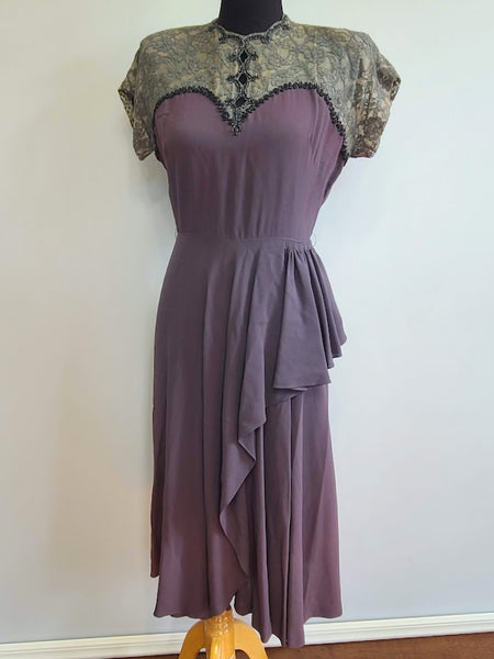 Gray Purple Rayon Dress with Lace and Beading <br> (B-37" W-27" H-39")