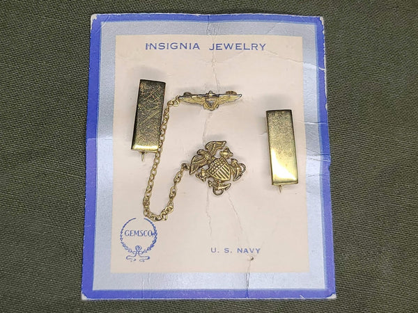 Navy Aviator Sweetheart Chain Pin and Lieutenant Rank Pins on Card