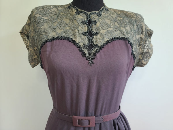 Gray Purple Rayon Dress with Lace and Beading <br> (B-37" W-27" H-39")