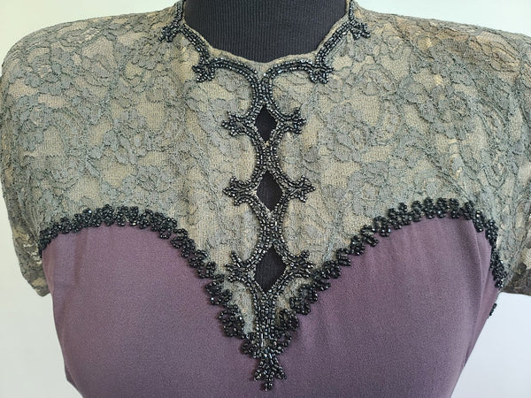 Gray Purple Rayon Dress with Lace and Beading <br> (B-37" W-27" H-39")