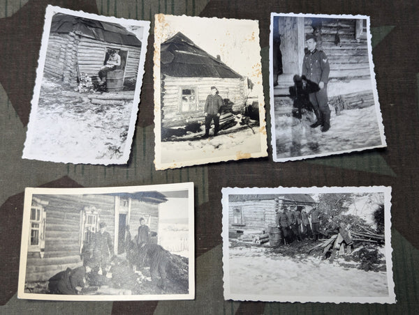 Lot of 5 Original Pictures of Wehrmacht Soldiers & Log House