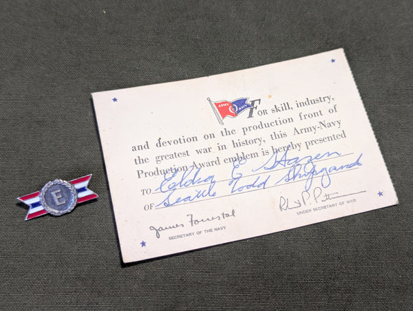 Army Navy "E" Production Award Pin and Card Sterling