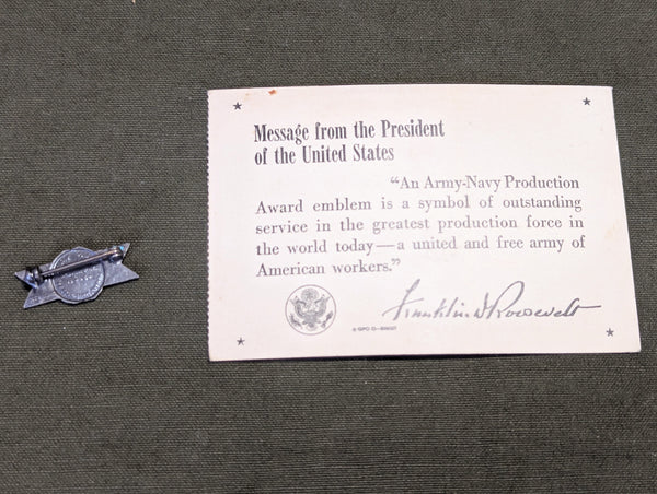 Army Navy "E" Production Award Pin and Card Sterling