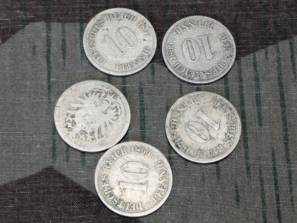 Lot of Five 10 Reichspfennig Coins 1874-1899