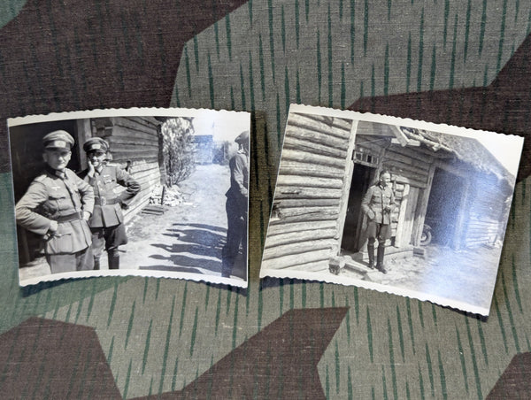 2 Photos of German Officers by Log Houses