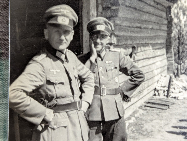 2 Photos of German Officers by Log Houses