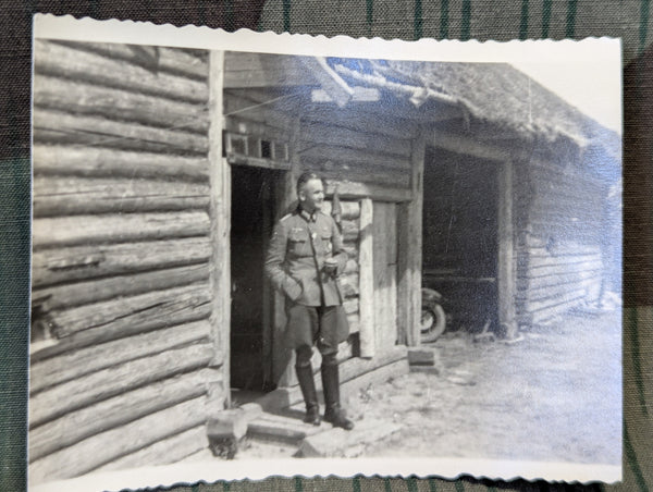 2 Photos of German Officers by Log Houses