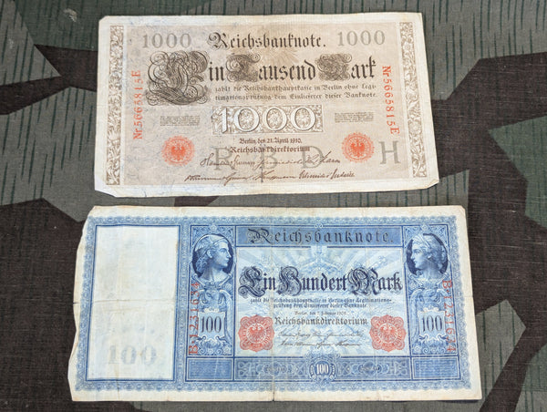 Lot of 2 Pre WWI Reichsbanknote 1000 & 100 Mark