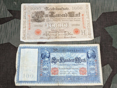 Lot of 2 Pre WWI Reichsbanknote 1000 & 100 Mark