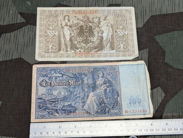 Lot of 2 Pre WWI Reichsbanknote 1000 & 100 Mark