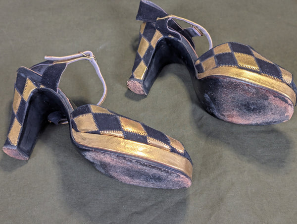Gold and Black Peep Toe Sandals (Size 6 1/2 AA)