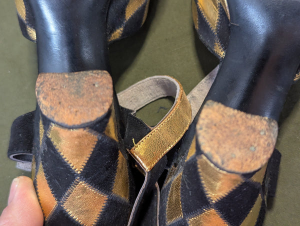 Gold and Black Peep Toe Sandals (Size 6 1/2 AA)
