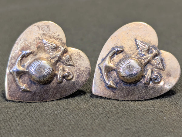 Marine Corps Heart Shaped Screwback Earrings Sterling