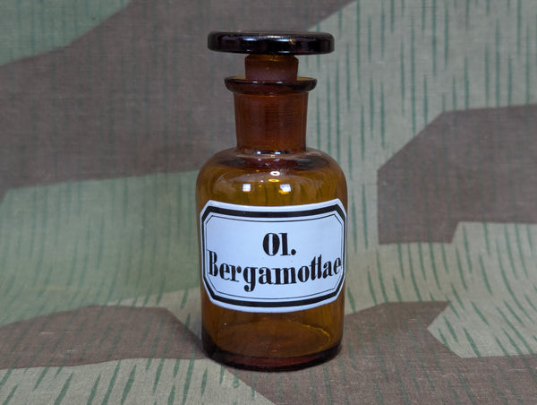 Vintage 1920s 1930s Ol. Bergamottae German Glass & Enamel Apothecary Bottle Bergamot Essential Oil