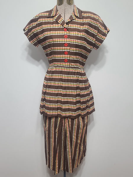 Brown Plaid Stripe Peplum Dress <br> (B-34" W-24" H-34")