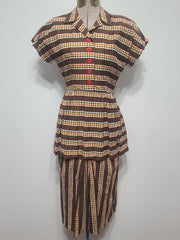 Brown Plaid Stripe Peplum Dress <br> (B-34" W-24" H-34")