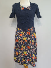 German Dark Blue and Flower Print Rayon Dress <br> (B-36" W-30" H-44")