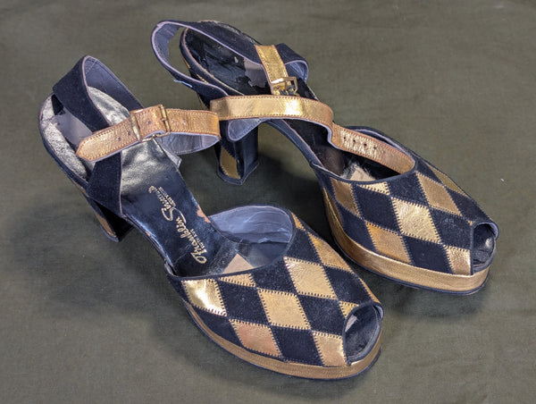 Gold and Black Peep Toe Shoes Sandals (Size 6 1/2 AA)