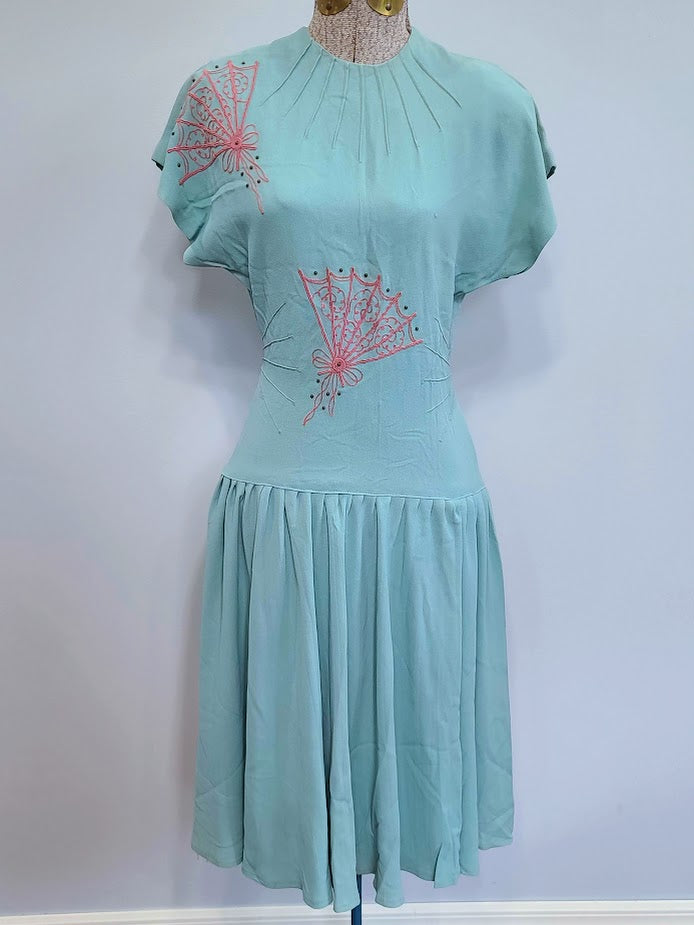 Robin's Egg Blue Dress with Pink Fan Design (B-33" W-24" H-32") Robin's Egg Blue Dress with Pink Fan Design (B-33" W-24" H-32")