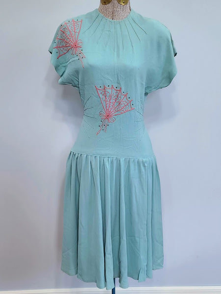 Robin's Egg Blue Dress with Pink Fan Design <br> (B-33" W-24" H-32")