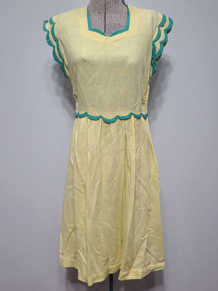 Yellow Lanz Dress with Scalloped Trim <br> (B-32" W-26"" H-39")