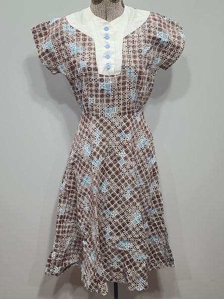 Blue and Brown Print Dress <br> (B-34" W-24.5" H-37")