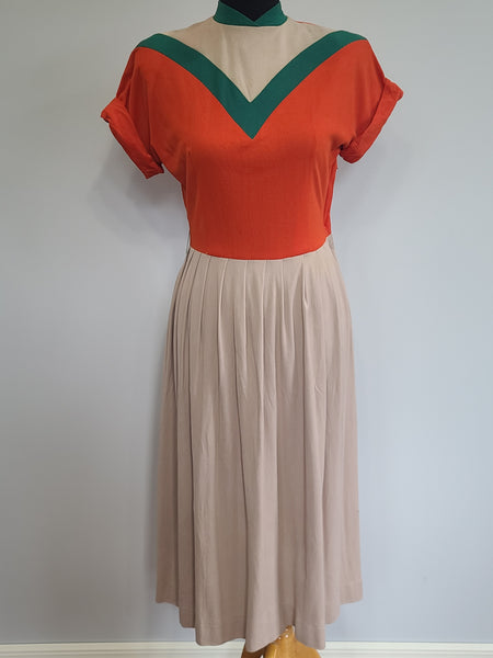 Bright Orange Green and Tan Dress <br> (B-38" W-27" H-42")