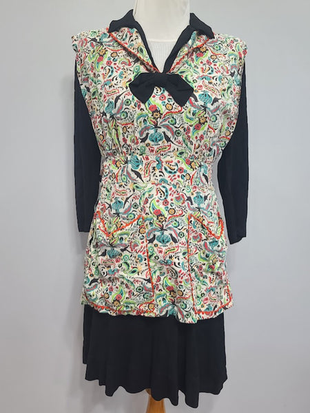 Black Dress with Novelty Print Apron <br> (B-36" W-30" H-35.5")