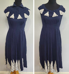 German Blue Dress with White Trim and Detachable Collar <br> (B-36" W-28" H-41")
