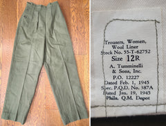 WWII WAC Womens Army Nurse Uniform Wool Trouser Liner Size 12R 1945
