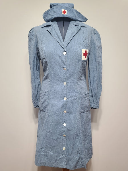 WWII Women's American Red Cross Blue Seersucker Uniform Dress and Hat