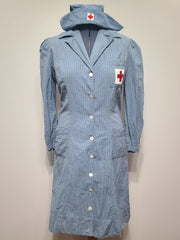 WWII Women's American Red Cross Blue Seersucker Uniform Dress and Hat