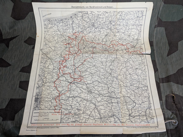 Husaren-Regiment 1914 -1916 Map of France, Belgium & Eastern Front