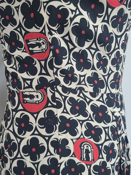 Flower and Person in Archway Novelty Print Dress <br> (B-41" W-28" H-41")